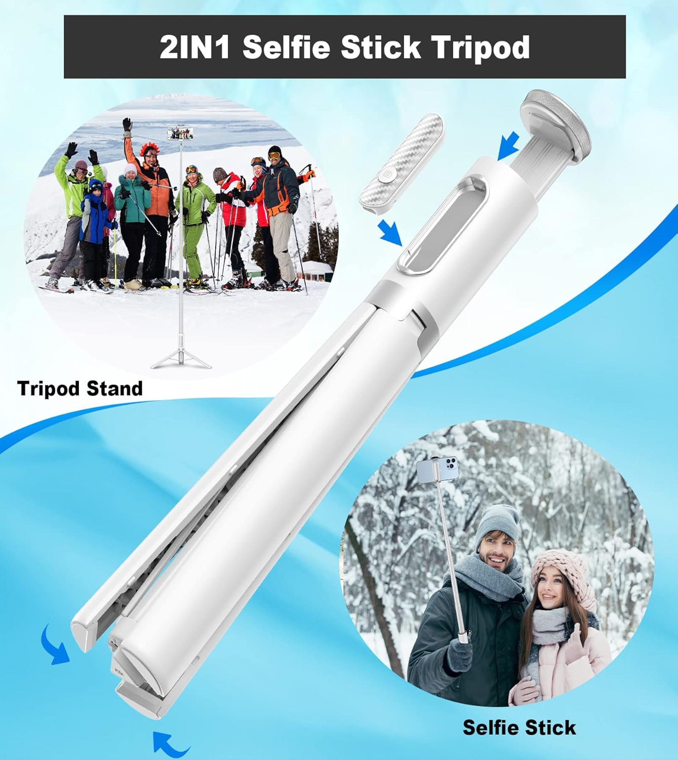TONEOF 67" Travel Tripod,Selfie Stick,All-in-1 Phone Stand with Integrated Wireless Remote,Lightweight and Portable,Extendable for iPhone and Android(White)
