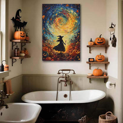 Halloween Autumn Witchy Decor Wall Art Prints,Gothic Witch in Whirlwind Autumn with Pumpkins Scene Pictures Poster,Fall Festival Home Decor Painting Canvas Poster for Bedroom Bathroom,20"x30" Unframed