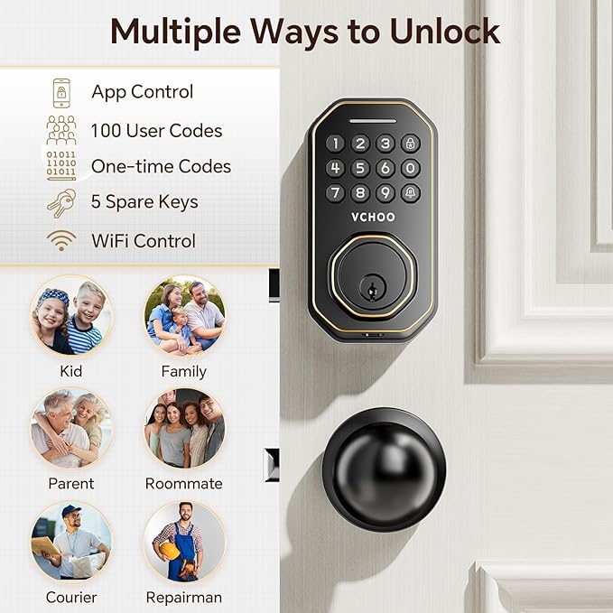Keyless Entry Door Lock Set WiFi Smart App Control Door Lock for Front Door Keypad Deadbolt with 2 Knobs Auto Lock One Time Codes Easy Install, Bronze