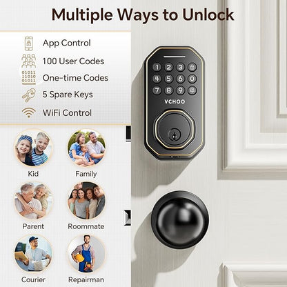 Keyless Entry Door Lock Set WiFi Smart App Control Door Lock for Front Door Keypad Deadbolt with 2 Knobs Auto Lock One Time Codes Easy Install, Bronze