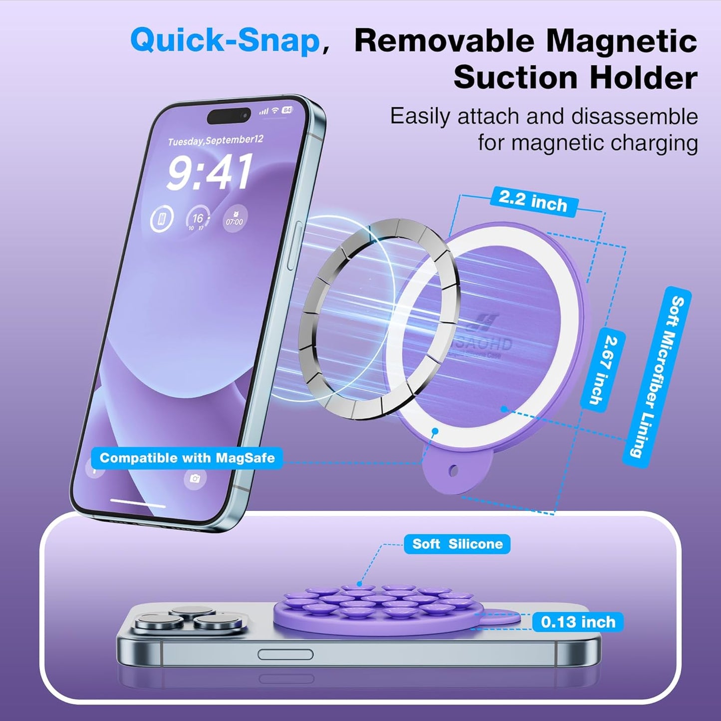 Magnetic Suction Cup Phone Mount for MagSafe Case, Silicone Hands-Free Grip Holder for iPhone and Android, Mirror Shower Phone Stand for Makeup FaceTime Gym Kitchen Bathroom, Bright Purple
