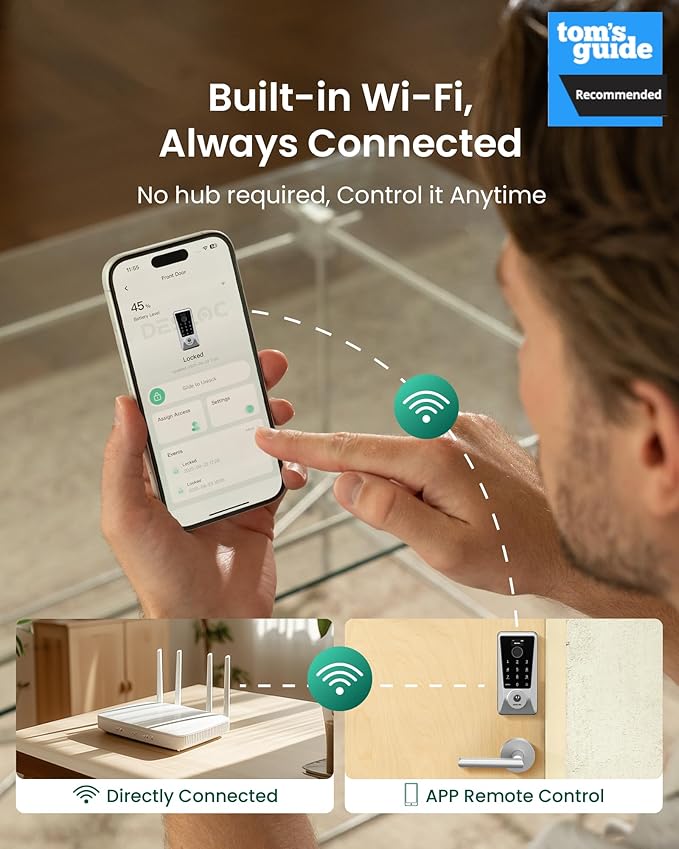 DESLOC D110 Plus Built-in Wi-Fi Smart Lock with 2 Lever Handles, Fingerprint Keyless Entry Door Lock Set, Touchscreen Keypad Deadbolt with Backlit, Remote Control, BHMA 3, IP54 Waterproof, Auto Lock