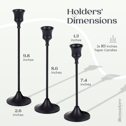 Black Candlestick Holders | Set of 3 | Metal with Matte Finish | 3 Different Sizes | Taper Candles Included | Decorative Centerpiece for Wedding, Christmas, Fireplace Mantel, Dining Table