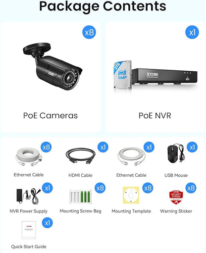 ZOSI 8MP 4K PoE Home Security Camera System Outdoor, H.265+ 8CH PoE NVR (16CH Expandable) with 2TB HDD for 24/7 Recording, 8PCS 5MP(3K) Bullet IP Cameras, Motion Detection, Remote Control