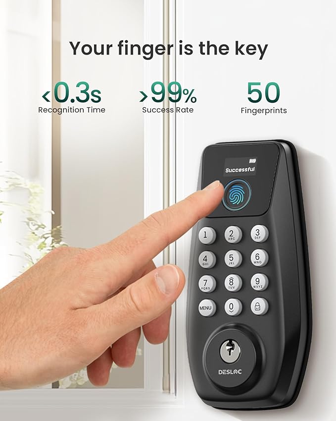 DESLOC C110 Keyless Entry Door Lock with Fingerprint - Smart Deadbolt Lock for Front Door with 2 Keys - Auto Lock - Easy Installation, 100 PIN Codes, IP54 Waterproof, BHMA Grade 3, Black