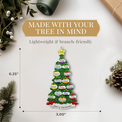 Personalized Large Family of 15 Ornament 2025 | Free 24h Customization | Christmas Ornaments for Tree | Custom Gift Wrapped Green Glitter Keepsake for Fifteen Persons