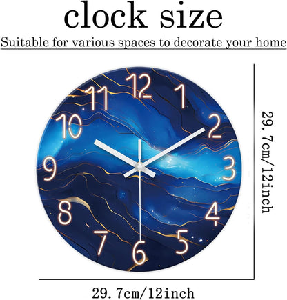 Small Wall Clocks Battery Operated 12 Inch Blue Marble Wall Clock for Kitchen Glass Analog Silent Wall Clock Non Ticking