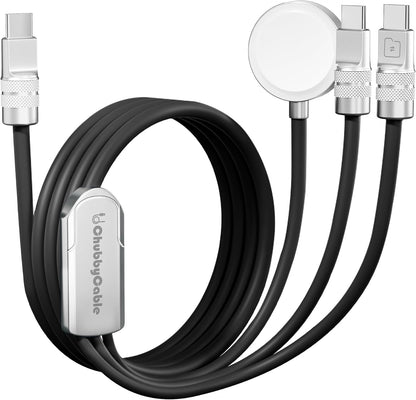 chubbycable Tri-Flex 3 in 1 USB C Cable for Apple Watch Charger Silicone 100W Multi Charging Cable Fast Charge Compatible with iPhone 16/15 Series iWatch iPad Airpods MacBook, 4.1FT, Black