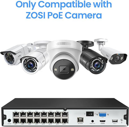 ZOSI 4K 16CH PoE NVR with 4TB Hard Drive,8MP Network Video Recorder Home Security Camera Surveillance System,24/7 Recording,Only Compatible with ZOSI 4K/8MP/5MP/4MP PoE Camera(32 Channel 16-Port)