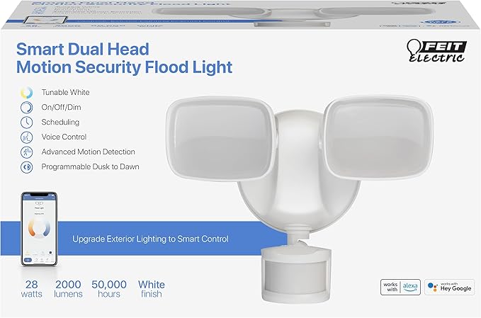 Feit Electric Smart Outdoor Flood Lights with Motion Sensor, 28W LED WiFi Security Light with Dusk to Dawn Compatible with Alexa and Hey Google, Tunable White, 2 Head, Hardwired, S9DFL/CCT/MOT/WH/AG