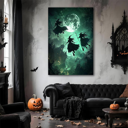 Flying Three Witches Halloween Canvas Wall Painting,Witches on Broom Under Full Moon Castle Victorian Decoration Haunted House Retro Poster for Living Room Bedroom Gallery,20"x30" Framed