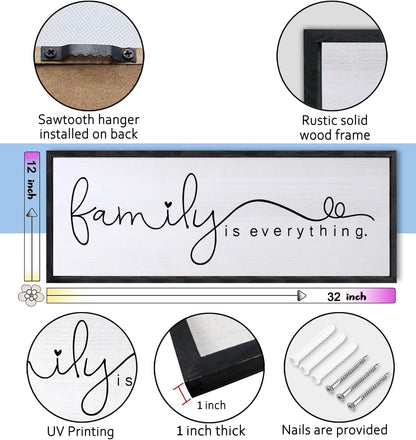 Foutcheou Family is Everything Wall Decor Sign 32"×12" for Family Living Room Large Wood Framed Wall Art Hanging Decoration (Black)