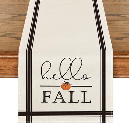 Artoid Mode Hello Fall Stripes Pumpkin Autumn Table Runner, Seasonal Fall Kitchen Dining Table Decoration for Home Party Decor 13x60 Inch