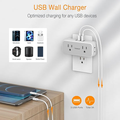 Surge Protector Outlet Extender, TESSAN Multi Plug Outlet Splitter with 4 Electrical Outlets 3 USB Ports, Multiple Plug Mini Wall Expander for Home Bathroom Office Dorm Room Essentials