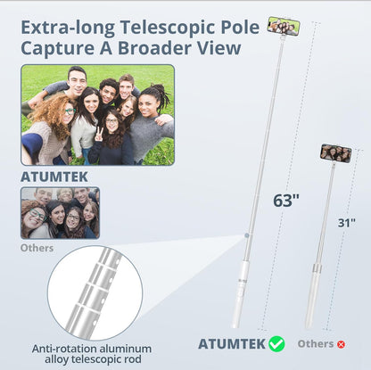 ATUMTEK 63" Phone Tripod, Extendable Selfie Stick Tripod with Bluetooth Remote, All-in-One Aluminum with Cold Shoe Mount for GoPro, 4"-7" iPhone and Android Smartphones, White