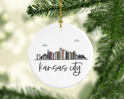 Andaz Press Round Ceramic Porcelain Christmas Tree Ornament, Colorful Kansas City Skyline 1-Pack, Birthday & for Family & Coworkers, Includes Box