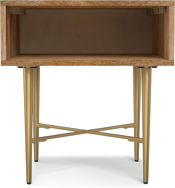 SIMPLIHOME Fallon End Table - 20 inch Wide Solid Mango Wood Square Accent Table with Open Storage Compartment and Gold Metal Base in Natural, Contemporary Nightstand for Living Room or Bedroom
