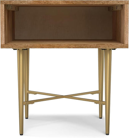 SIMPLIHOME Fallon End Table - 20 inch Wide Solid Mango Wood Square Accent Table with Open Storage Compartment and Gold Metal Base in Natural, Contemporary Nightstand for Living Room or Bedroom