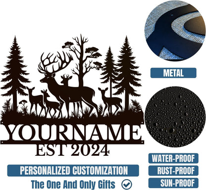 Personalized Deer Forest Name metal Signs,Custom Shed Metal Wall Decor,Black Deer Metal Wall Art Decor,Deer Home Metal Signs Plaques,Outdoor wall Decorative Signage (Style E)