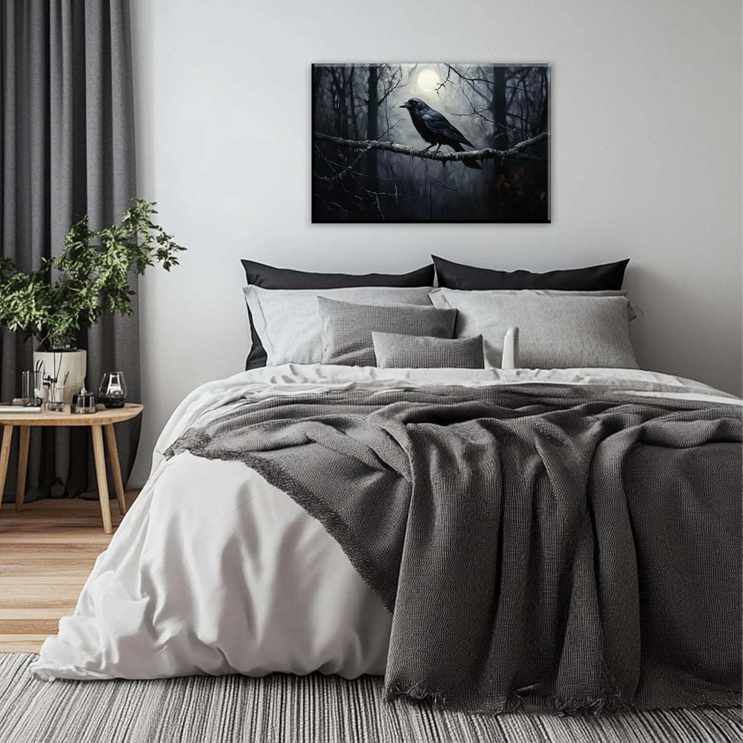 OAAPITI Crow Canvas Wall Art Black Crow Stand On The Branch Picture Print Moonlit Night Poster Vintage Forest Landscape Painting Artwork Living Room Halloween Decor(Artwork-1,20"x30")