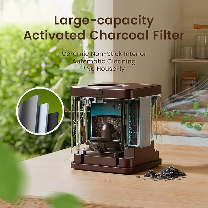 TOPZEE Electric Composter:3L Kitchen Compost Bin Countertop Indoor Odorless, Kitchen Composter Auto-Cleaning, Turns Waste into Natural Fertilizer with a Single Button, Dark Brown