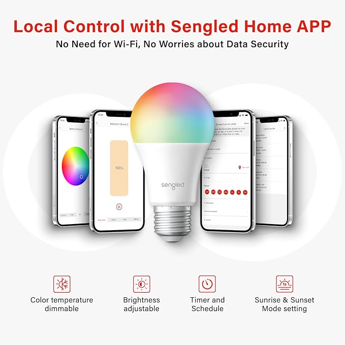 Sengled Dual Mode Smart Light Bulbs with Remote & App Control, Color Changing Light Bulbs, RGBW LED Bulbs 2700K-6500K Dimmable, 60W, Local Group Control (4P+ 1 Remote, No Support Alexa & Google)