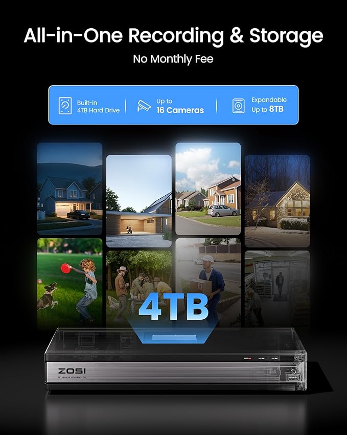 ZOSI H.265+ 16CH Security Camera System with AI Human Vehicle Detection, 16CH DVR with 4TB HDD for 7/24 Record, 16 x 1080p CCTV Camera Outdoor Indoor with 80ft Night Vision, 90°Wide Angle