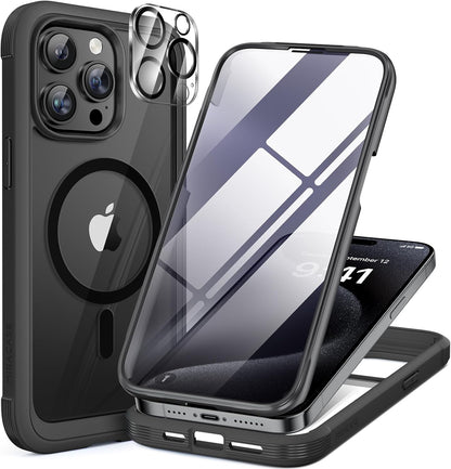 Miracase Magnetic for iPhone 15 Pro Case [Compatible with MagSafe] Full-Body Bumper Phone case with Built-in Glass Screen Protector& Camera Protector, Military Drop Proof 15 Pro Cover 6.1 inch, Black
