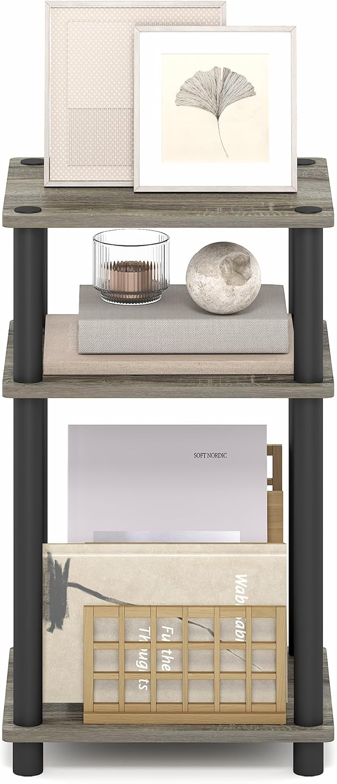 Furinno Turn-N-Tube Side Table, 3-Tier End Table with Open Shelf, Toolless Assembly Night Stand, Bedside Table, for Living Room, Bedroom, Grey Oak