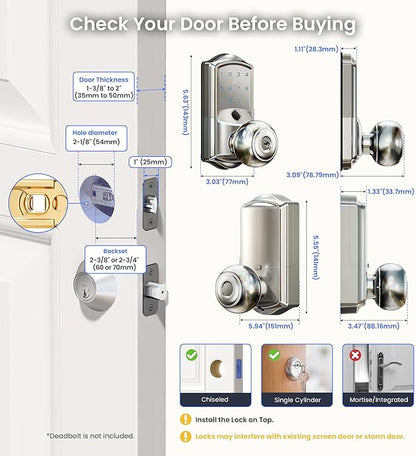 Veise VE028 Built-in Wi-Fi Smart Lock with Knob, Fingerprint Keyless Entry with Handle, App Remote & Voice Control, Electronic Digital Keypad for Front Door and Bedroom, IP65 Waterproof, Satin Nickel