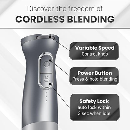 Elite Gourmet EHB1300 Cordless, Rechargeable Hand Blender, Variable Speed Blending with One-Touch Power Button, Stainless Steel Blades, Portable, Easy Control Stick Mixer, Baby Food, Charcoal Grey