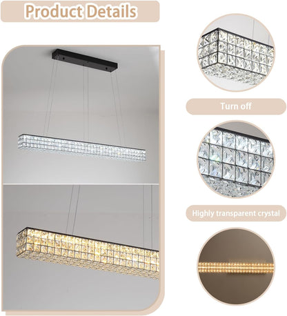 Rectangle Crystal Chandelier Modern Crystal Chandelier Black Rectangular Pendant Lighting Fixture for Dining Room Kitchen Island Bedroom (L 40")