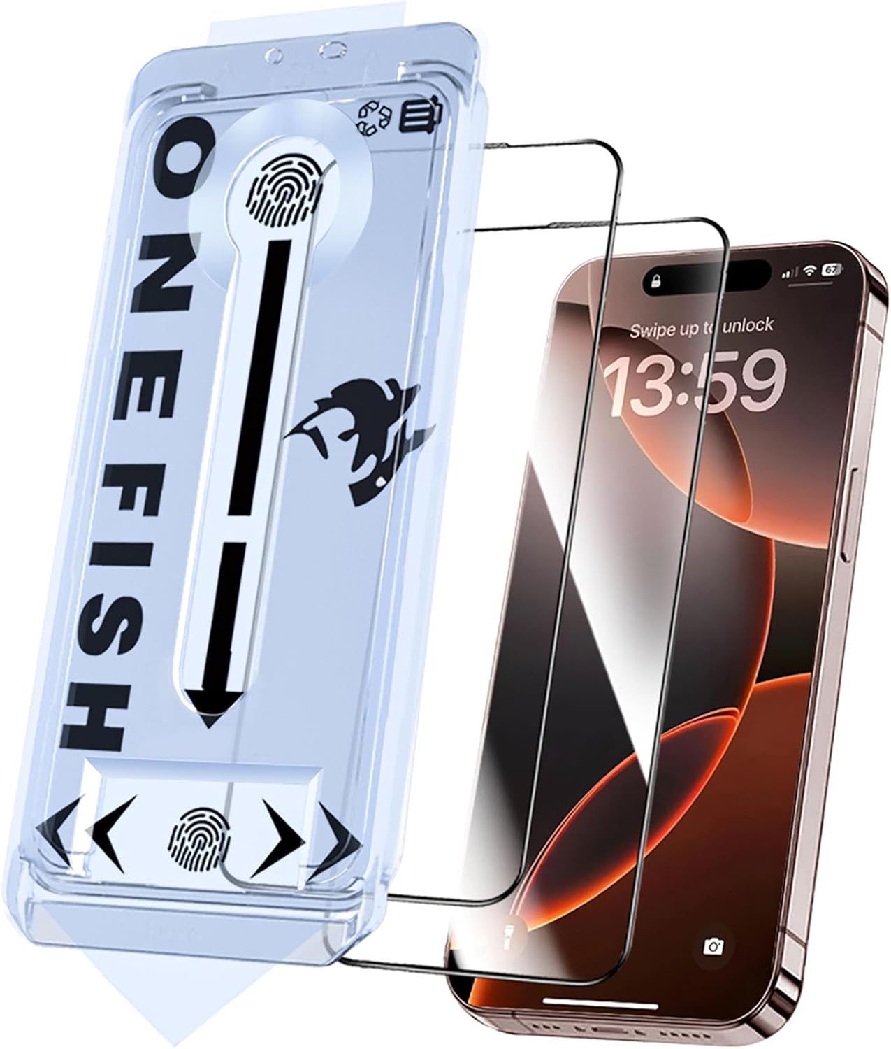 OneFish Screen Protector Glass for iPhone 16e/13/13PRO/14, 9H Glass Scratch Resistant, Dynamic Island Compatible, HD Clarity Tempered Film with Installation Frame, Easy Installation, 2Pack.
