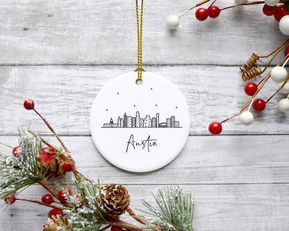 Andaz Press Round Ceramic Porcelain Christmas Tree Ornament Keepsake, Austin Black and White Stars City Skyline Graphic, 1-Pack, Birthday Gift Idea for Family Coworker Him Her, Includes Gift Box
