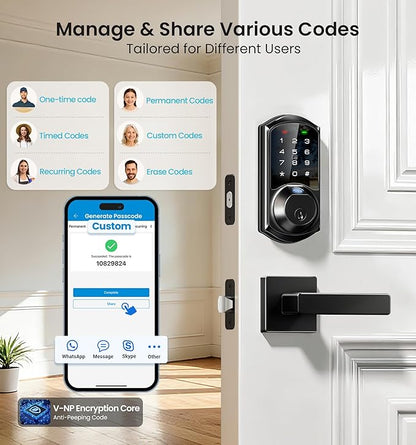 Veise VE07-L Fingerprint App Control Smart Locks with Heavy-Duty Zinc Alloy Handles, Keyless Entry for Front Door, Digital Electronic Touchscreen, Auto Lock, Waterproof, Easy Install, Matte Black