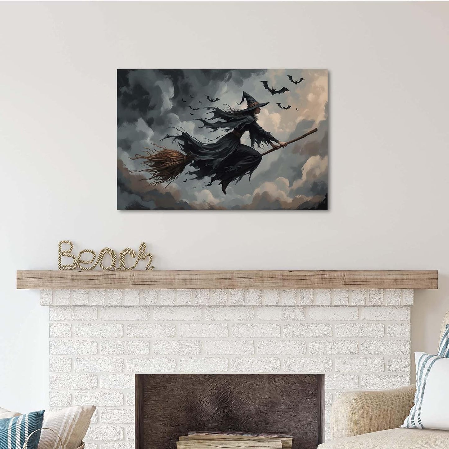 Witch and bat flying Halloween poster suitable for home party wall decoration retro Halloween preppy style wall art canvas print suitable for room decoration16x24in Wood Framed