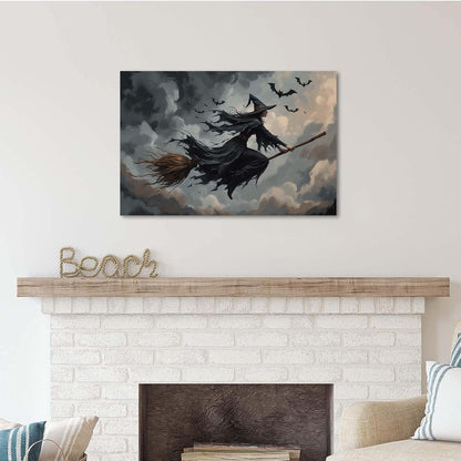 Witch and bat flying Halloween poster suitable for home party wall decoration retro Halloween preppy style wall art canvas print suitable for room decoration16x24in Wood Framed