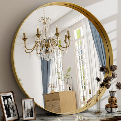 30 Inch Round Bathroom Mirror - Wall Mounted Circle Mirror with Metal Frame, Modern Mirror Suitable for Bathroom, Vanity, Entryway, Living Room, Wall Decor,Gold
