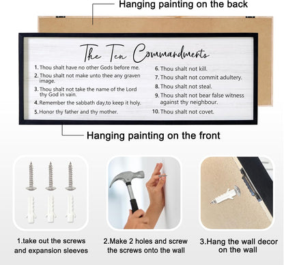 The Ten Commandments Rustic Bible Verse Framed Wall Art, 40''×15'' Positive Religious Christian Saying Sign for God Jesus Christ Prayer, Vintage Horizontal Holy Inspirational Catholic Scripture Decor