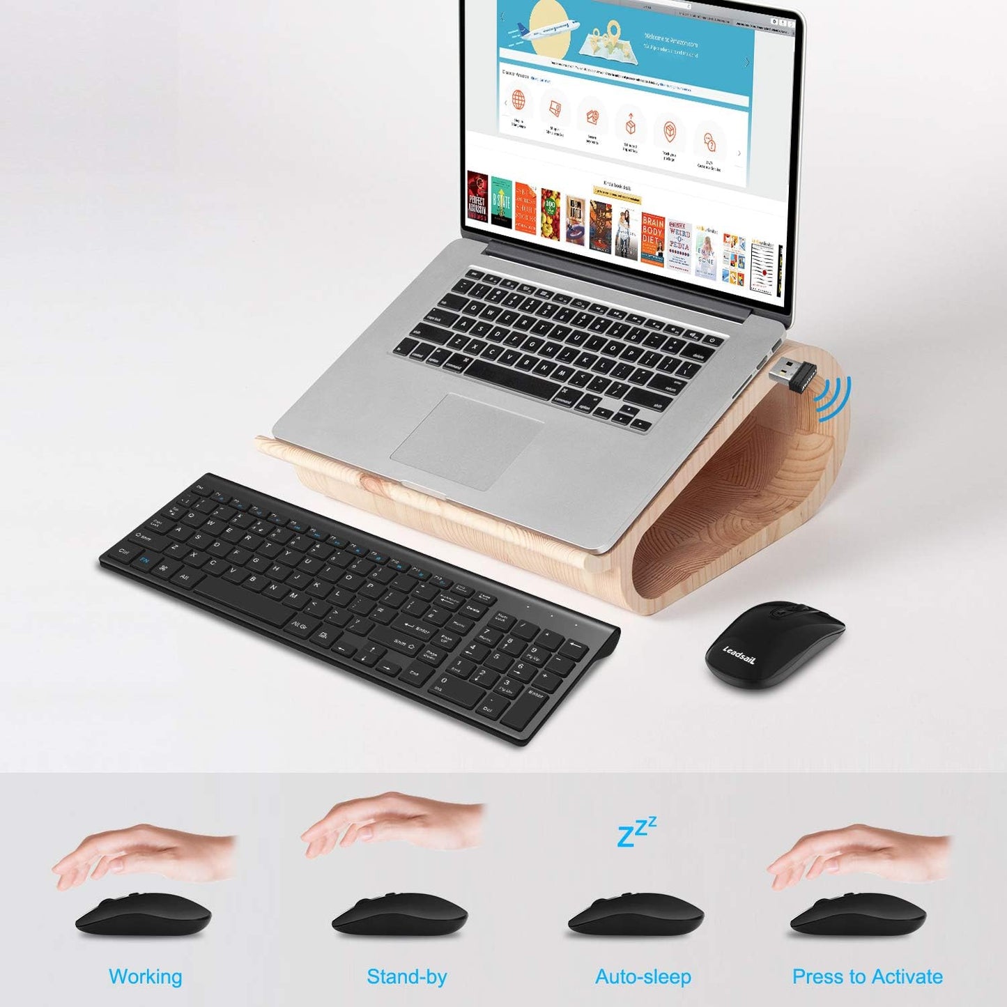 LeadsaiL Wireless Keyboard and Mouse Combo, Wireless USB Mouse and Computer Keyboard Set, Compact and Silent for Windows Laptop, Desktop, PC