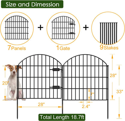 Metal Garden Fence with Gate 28in (H) x 18.7ft (L), 1 Gate + 7 Panels Dog Fence Border Fence Animal Barrier, No Dig Garden Fencing for Yard Flower Bed Lawn Patio Outdoor, ECG2829 Black