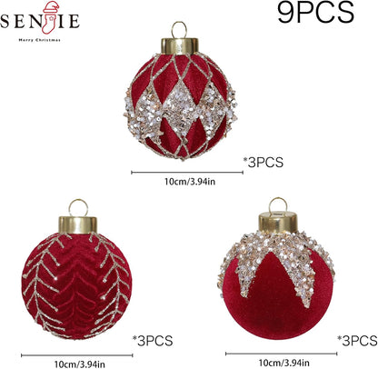 4inch Velvet Ornaments for Christmas Tree, 9PCS Glitter Flocked Christmas Ornaments Decorations Balls Set Decor Red
