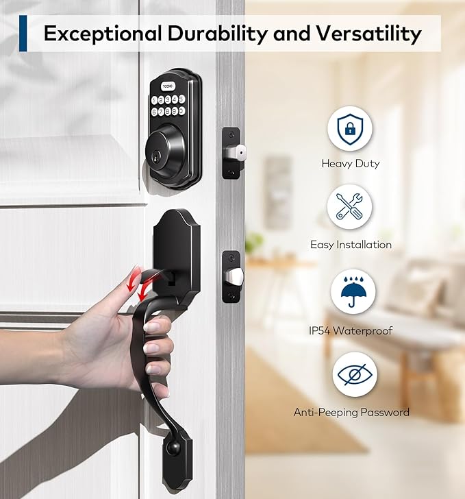 TEEHO TK001H Keyless Entry Door Lock with Handle Set, Electronic Deadbolt Keypad Door Lock with Code, Smart Locks for Front Door, Exterior Door Handle, Auto-Lock, Easy to Install, Matte Black