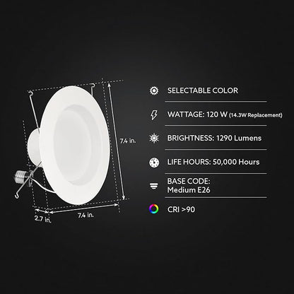 Feit Electric 5-6" LED Recessed Downlight, 120W Equivalent, Dimmable, 5CCT Selectable White, High Output, 90 CRI, 1290 Lumens, 45-Year Lifetime, LEDR56HO/6WYCA/6, 6 Pack