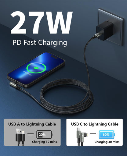 90 Degree USB C to Lightning 10FT, iPhone Charger [Apple MFi Certified] 3Pack Fast Charging Cables Cord,10 Foot Right Angle Nylon Braided USB C Lightning Cable for iPhone 14/13/12/11/Pro Max/Plus/8/7