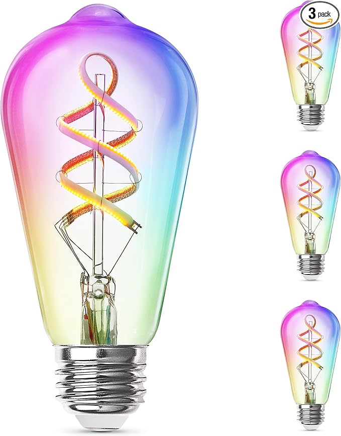 Feit Electric Smart ST21 Light Bulb, 60W Eq, Dimmable, Spiral Filament Edison Style. WiFi Enabled, Works with Alexa/Google Home, Millions of Colors, 15,000-Hr. Lifetime, ST2160RGBWFILAG/RP/3, 3 Pack