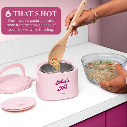 Paris Hilton Electric Lunch Warmer, 20-Ounce Stainless Steel Portable Food Container With Sealing Lid, Removable 2.5-Cup Inner Dish, “That’s Hot” Front Decal, Pink