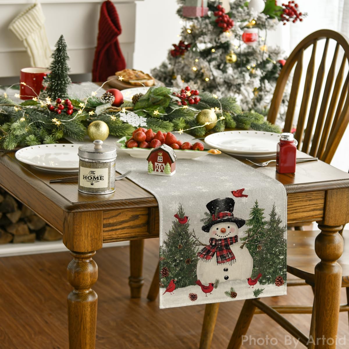 Artoid Mode Snowman Birds Trees Christmas Table Runner, Seasonal Silver Winter Holiday Kitchen Dining Table Decoration for Home Party Decor 13 x 90 Inch