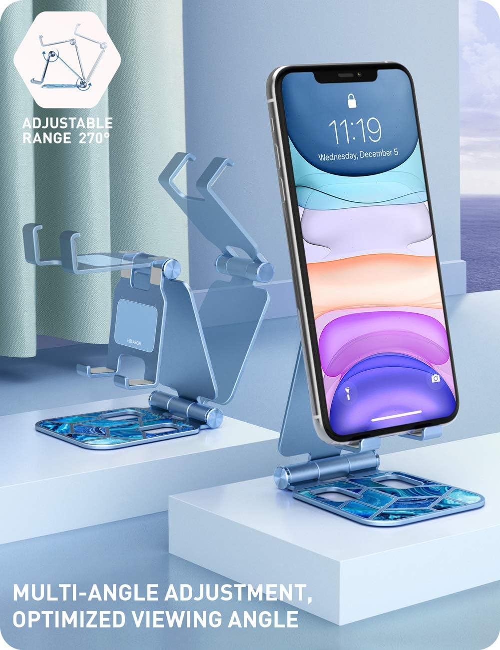i-Blason Cell Phone Stand for Desk, Cell Phone Holder, Fits All Smart Phones, iPhone 16 15 14 13 Pro Max, Foldable Phone Stand Holder, Blue