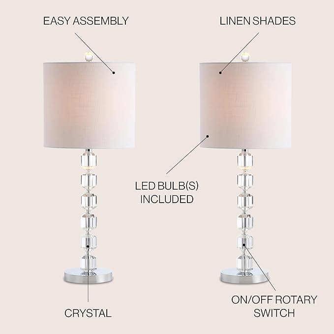 JONATHAN Y 27.5" Chrome Modern Stacked Crystal Table Lamp Set of 2 for Living Room Bedroom, Glam Bedside Nightstand Lamps, White Linen Shade, LED Bulbs Included, UL Listed JYL5053A-SET2